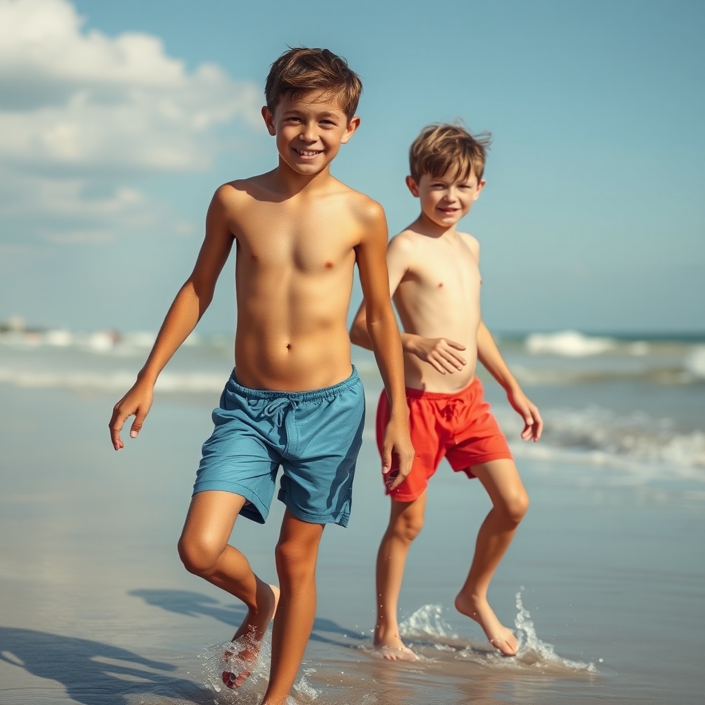 AI generated image by FLUX.1-schnell: 2 garçons de dix ans en slip de bain jouant sur la plage