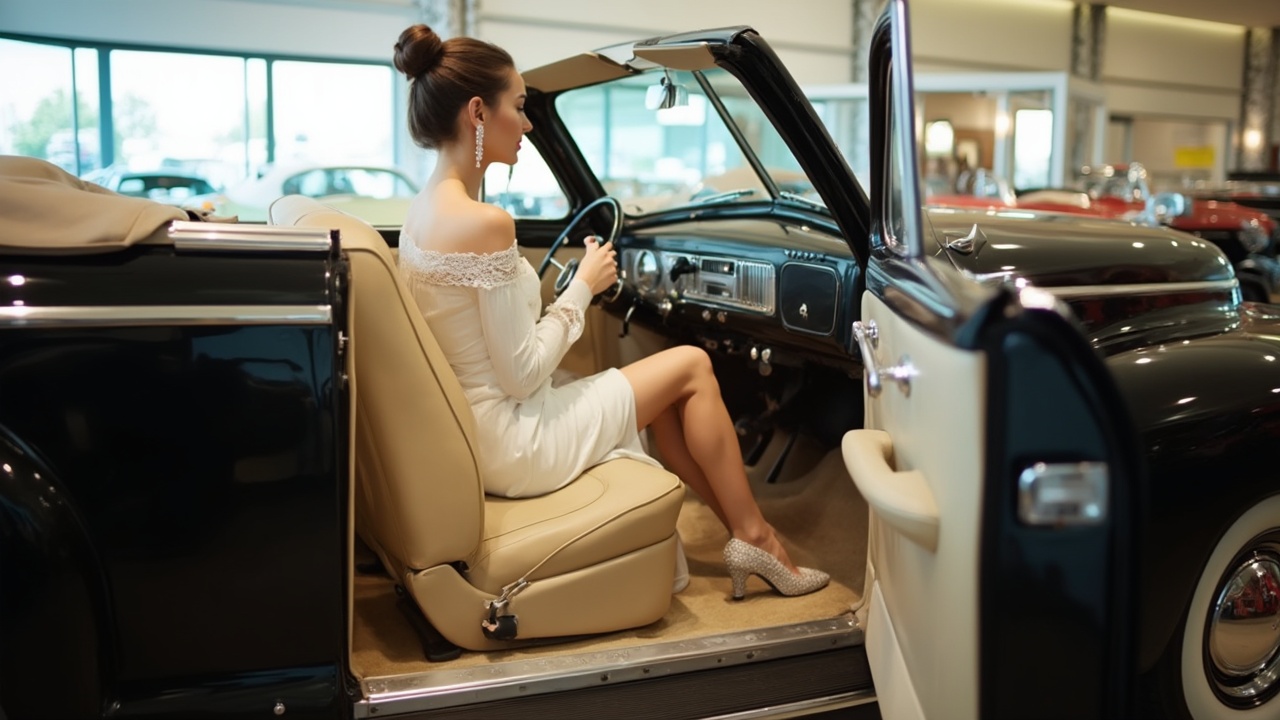AI generated image by FLUX-Realism-Lora: Brightly lit showroom of exclusive classic car dealership. Perfectly restored black 1948 Chevrolet convertible with top down and driver's side door open. Car has high bench seat. Beige leather upholstery and light beige carpet. Beautiful tiny Hungarian woman 30 years old. Long brown hair gathered in a bun. Short torso, hourglass figure, short legs. Red lipstick, subtle eye makeup. Sparkling dangling white earrings. Elegant tight-fitting white off-shoulder minidress, long sleeves, lace trim, hemmed mid-thigh. Glittery white wedge mules with ultra high heel and lacy bow on vamp. Woman sitting behind the steering wheel facing front looking through the front windshield. Both legs uncrossed and under steering wheel. Both feet on floorboard. Right foot extended toward pedals.  Camera positioned behind driver’s door aimed at feet  and pedals. Car pedals visible. 