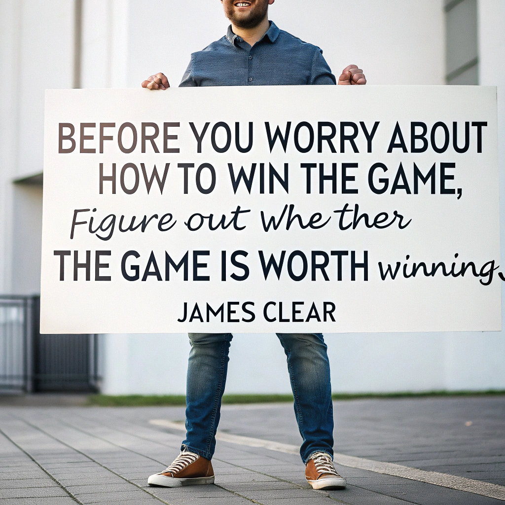 AI generated image by Red Panda AI: A guy holding a sign "Before you worry about how to win the game, figure out whether the game is worth winning." - James Clear