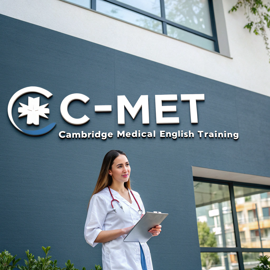 AI generated image by Red Panda AI: Modern Iconic minimal logo for C-MET - Cambridge Medical English Training. Bold and beautiful award winning 2023 brand design that is brilliantly executed. Clever use of negative space, designed with recogniseable flair.