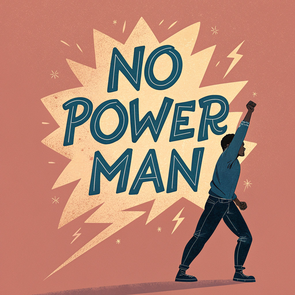 AI generated image by Red Panda AI: "no power man" title without background, no background