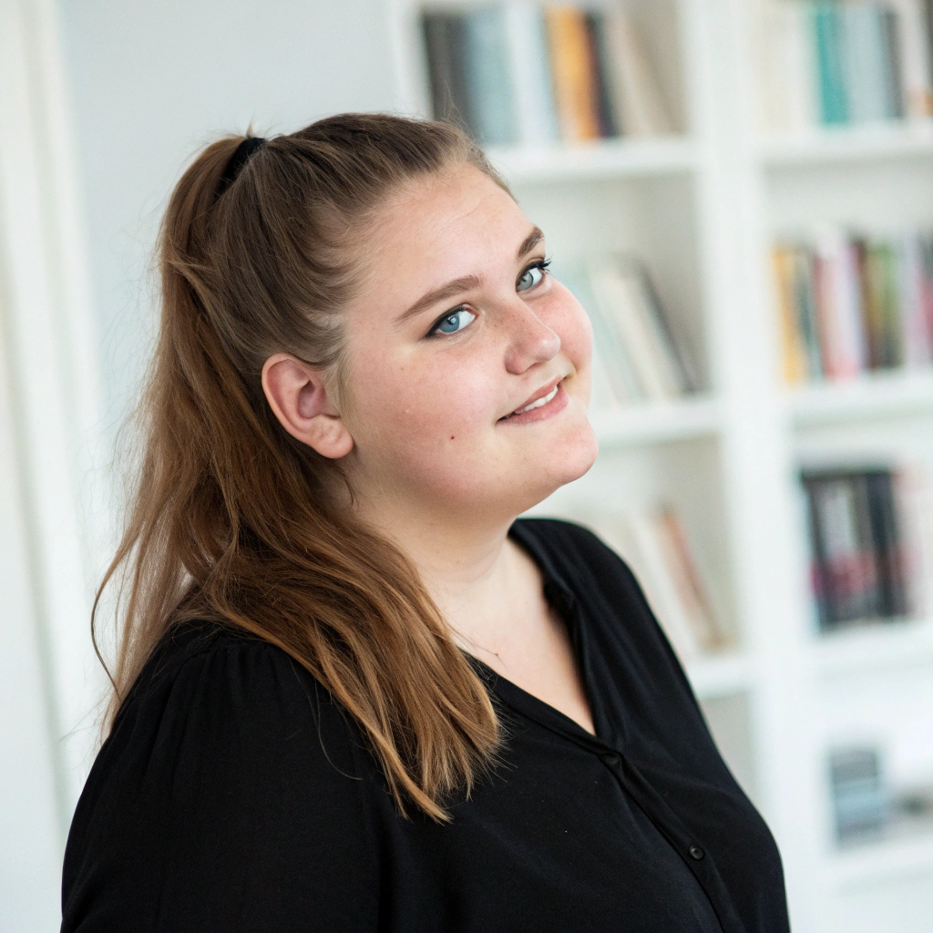 AI generated image by Red Panda AI: Realistic photo of a slightly overweight happy 25-year-old girl with light brown hair and blue eyes gathered in a chic thick ponytail, a girl in a black blouse, in the background a blurred background of a bookcase,
light and relaxed atmosphere, soft light, diffused lighting,
magazine-style photography, very detailed image, photorealistic, HD (quality), 8k
(photo resolution)