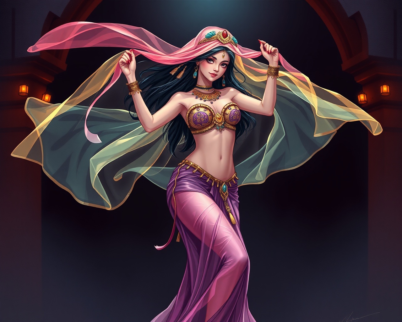 AI generated image by FLUX.1-schnell: A masterpeice  of anime style very beautiful Egyptian belly dancer, dancing, the Arabian night, wearing transparent  colored veils,spinning and flowing around her, against a mysterious and dark with ambiant lightsbackground, highly detailed,sketching, masterpiece, slim curvy body, realistic, seductive smile, cross hatching minimalist and stipling background, sexy pose, stunningly beautiful.anime semi realism