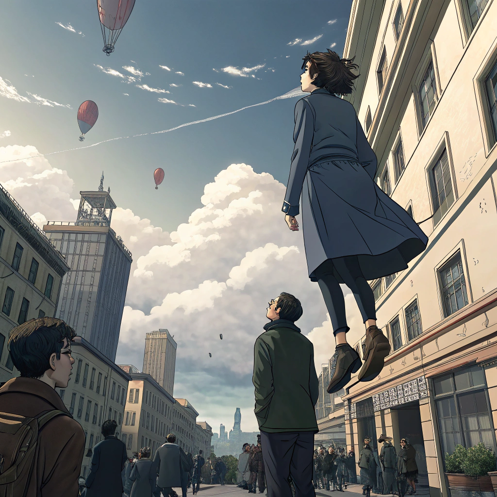 AI generated image by Red Panda AI: An anime-style image of people soaring up due to a change in gravity