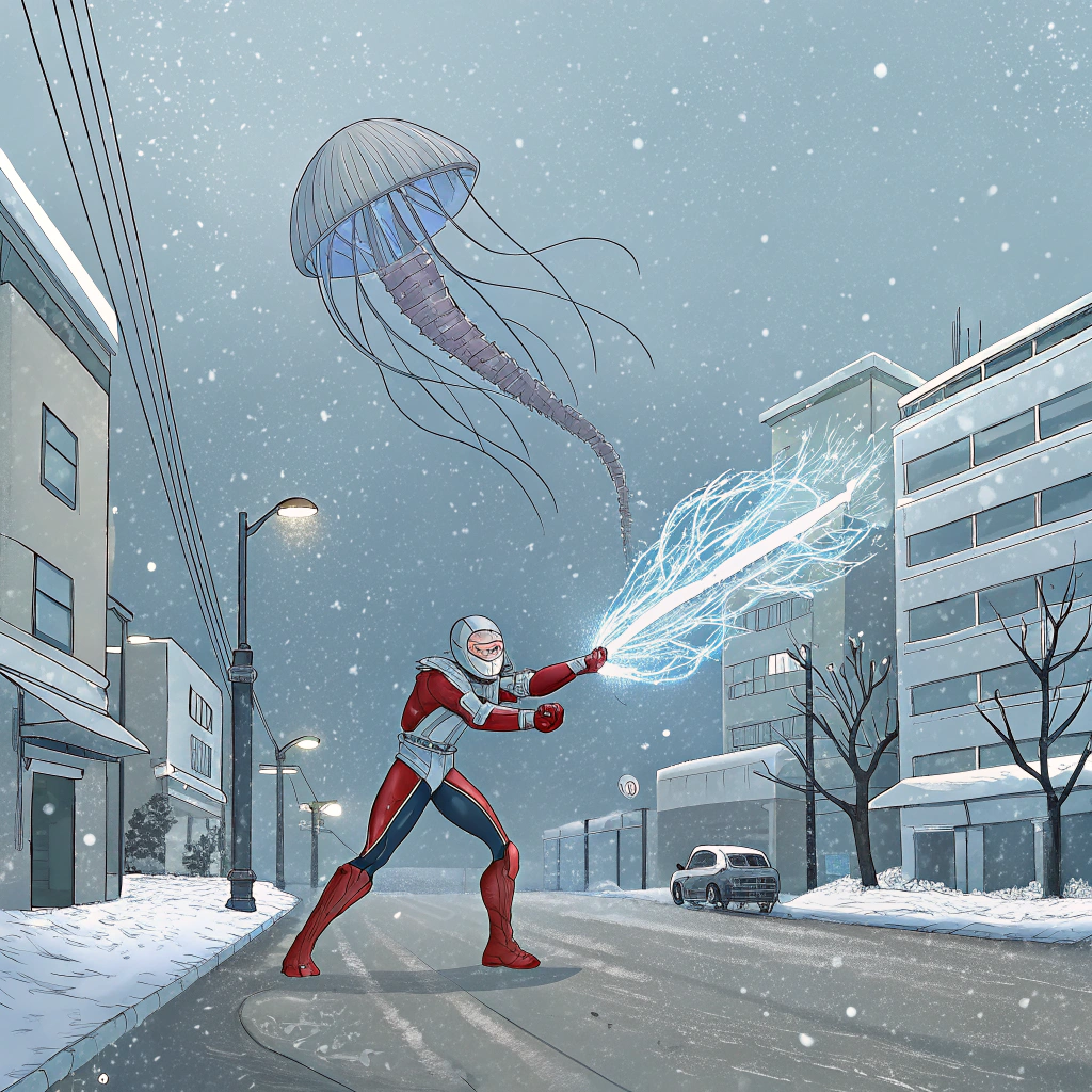AI generated image by Red Panda AI: Ultraman and jellyfish monster fight in Seoul in winter