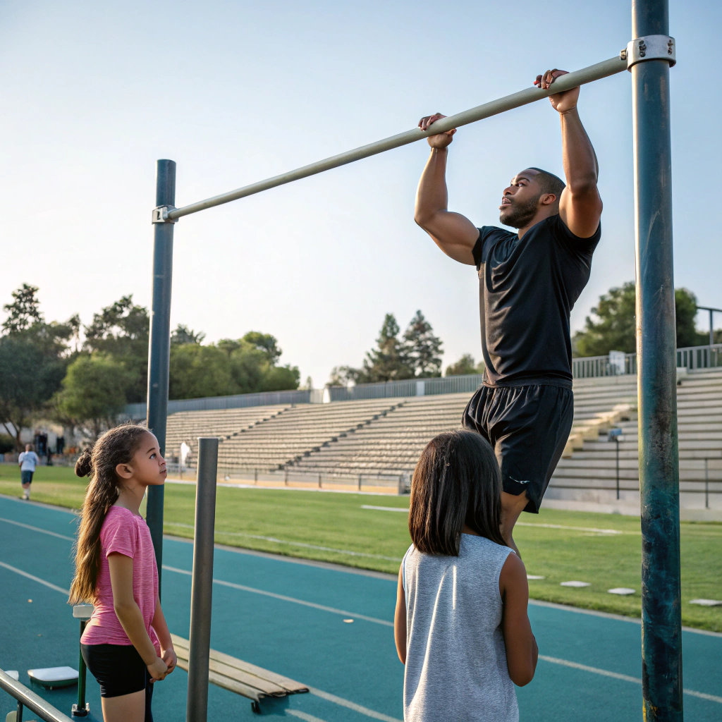 AI generated image by Red Panda AI: Guy doing pull ups on stadium while girls look at jim 