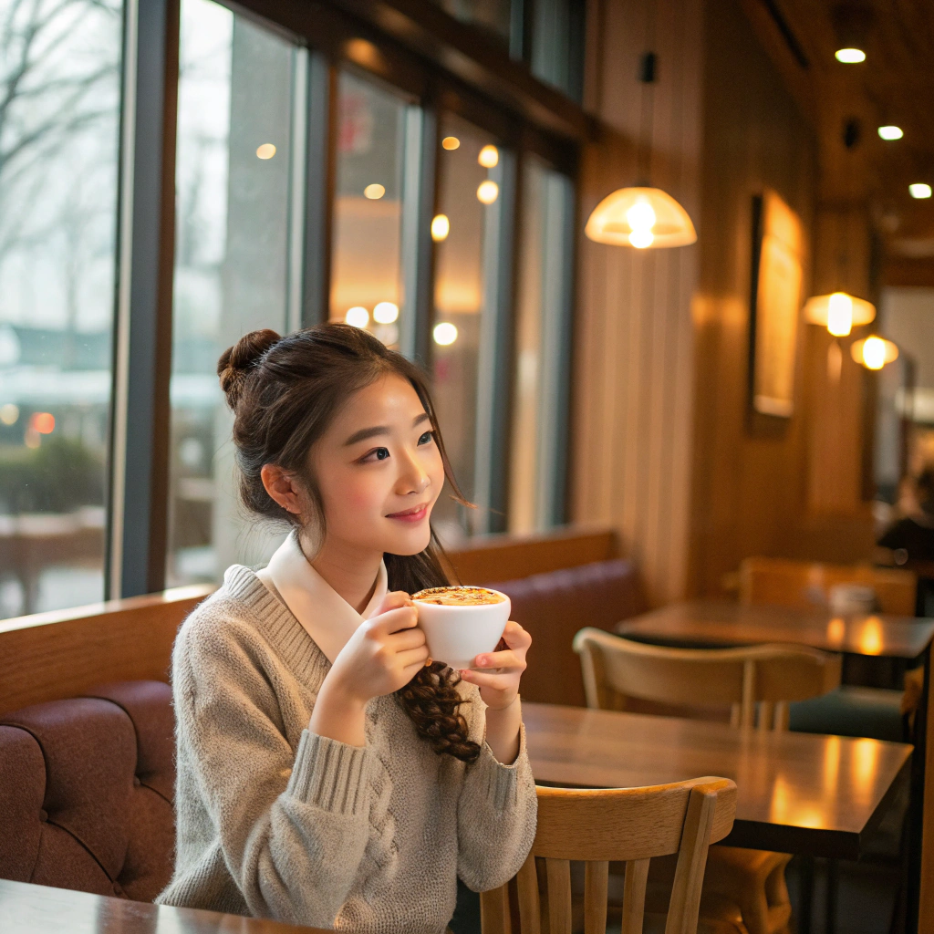 AI generated image by Red Panda AI: 一个漂亮的女孩在咖啡厅喝咖啡