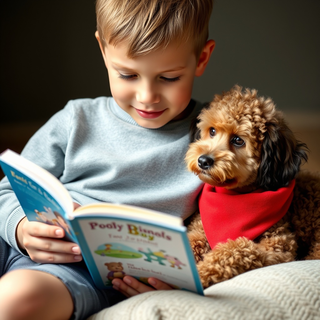 AI generated image by FLUX.1-schnell: A photo of a child reading a book to a dog. The boy is 8 of 9 years old and the dog is a small poodle wearing a red triangle towel around its
neck. The dog is lying relaxed beside the child, and the child feels very comfortable.