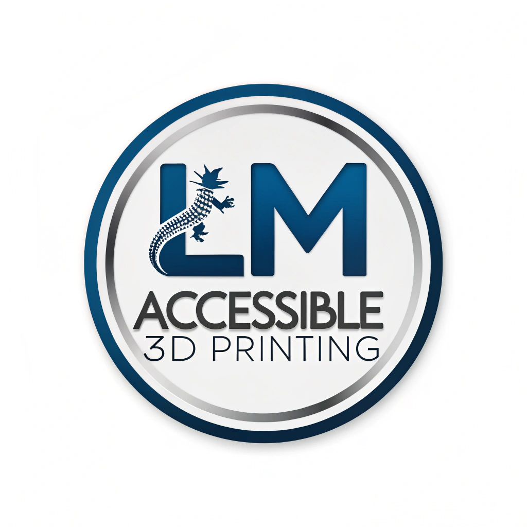 AI generated image by Red Panda AI: generates a logo with the letters LM in the center and the phrase Acessible 3D Printing. with a robotic axolotl, with the colors, blue, silver, white and black