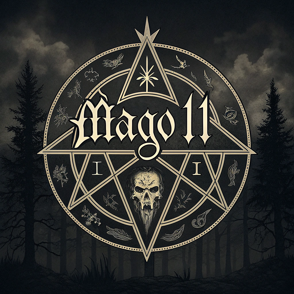 AI generated image by Red Panda AI: black metal band logo, written "MAGO11WAR" 