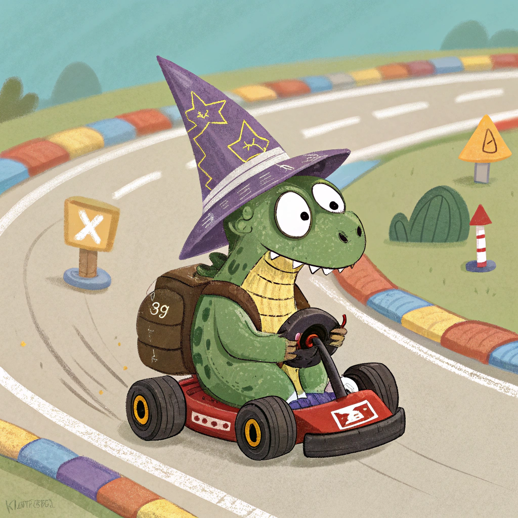 AI generated image by Red Panda AI: i want a small green dinosaur with a decayed wizard hat and a brownie for a backpack that is driving a mario kart car in a race of this game with the same textures of this game and that the dinosaur is the main character.
