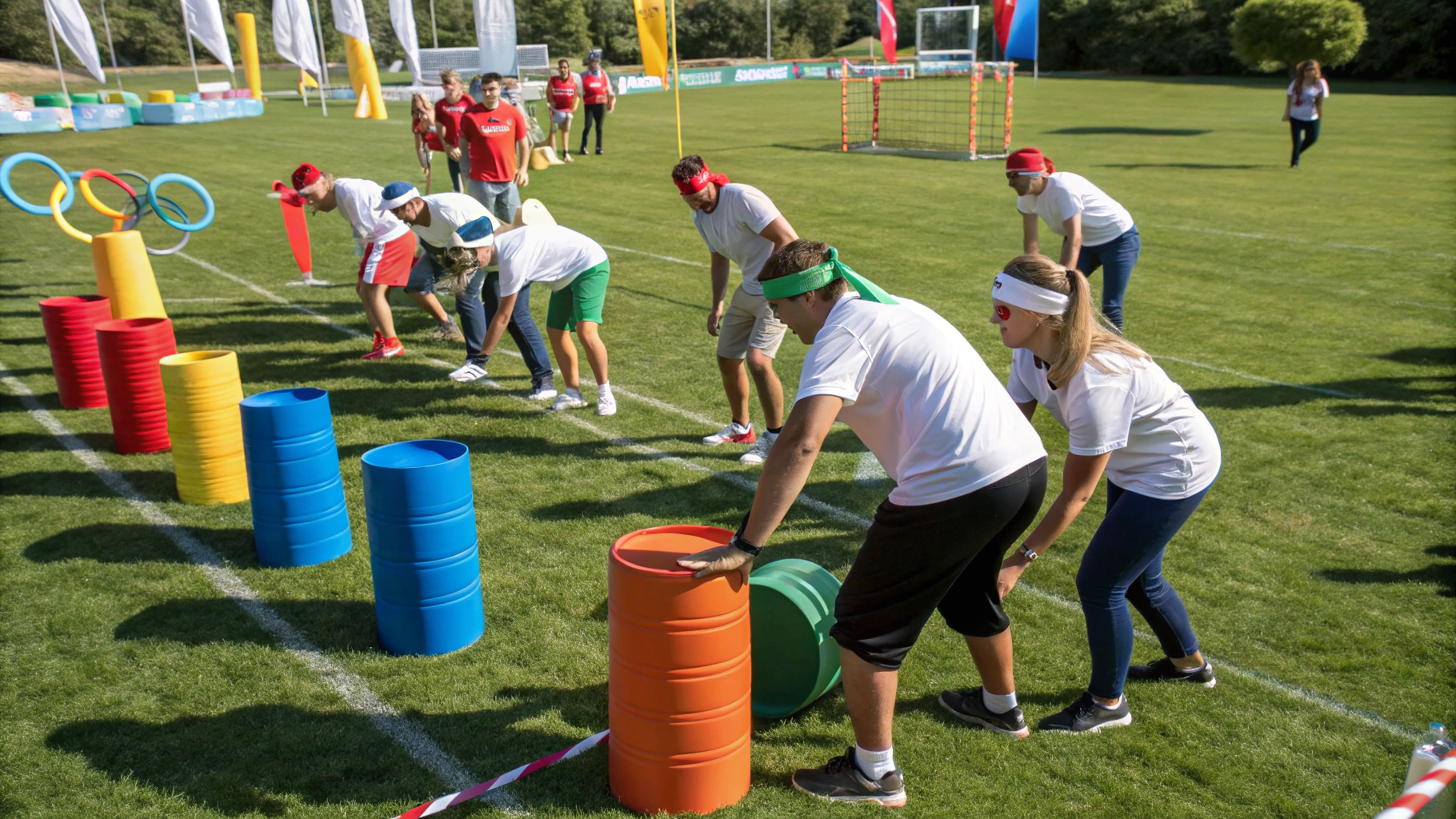 AI generated image by Red Panda AI: A highly realistic and vibrant 16:9 scene depicting a dynamic team-building event called 'ECOLYMPIADES,' where colleagues of diverse ages (25 to 60) and genders are participating in outdoor Olympic-style challenges. The participants are divided into small teams, wearing colorful team headbands or armbands, actively competing in activities like relay races, balancing objects made of recycled materials, and solving large outdoor puzzles. The setting is a lush grassy field, with clearly marked stations for each challenge. Flags, banners, and reusable props add a festive and competitive atmosphere. The energy and camaraderie are palpable, with participants cheering each other on, some actively performing tasks while others strategize in the background. Bright, natural sunlight enhances the lively and inclusive mood of the event. The focus is on teamwork, fun, and friendly competition. No text or writing is visible."