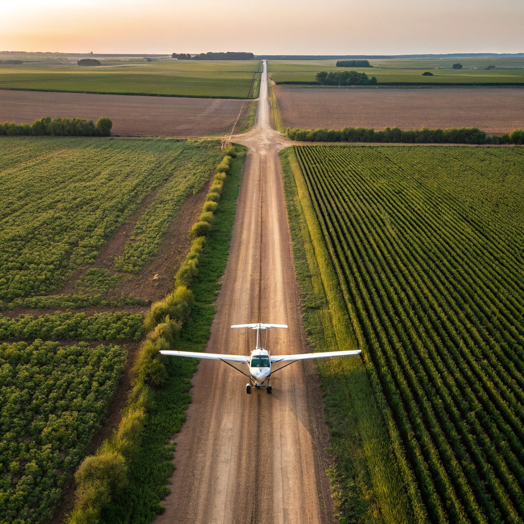 AI generated image by Red Panda AI: una avioneta asesna aterrizando de frente en en centro de camino entre parcelas