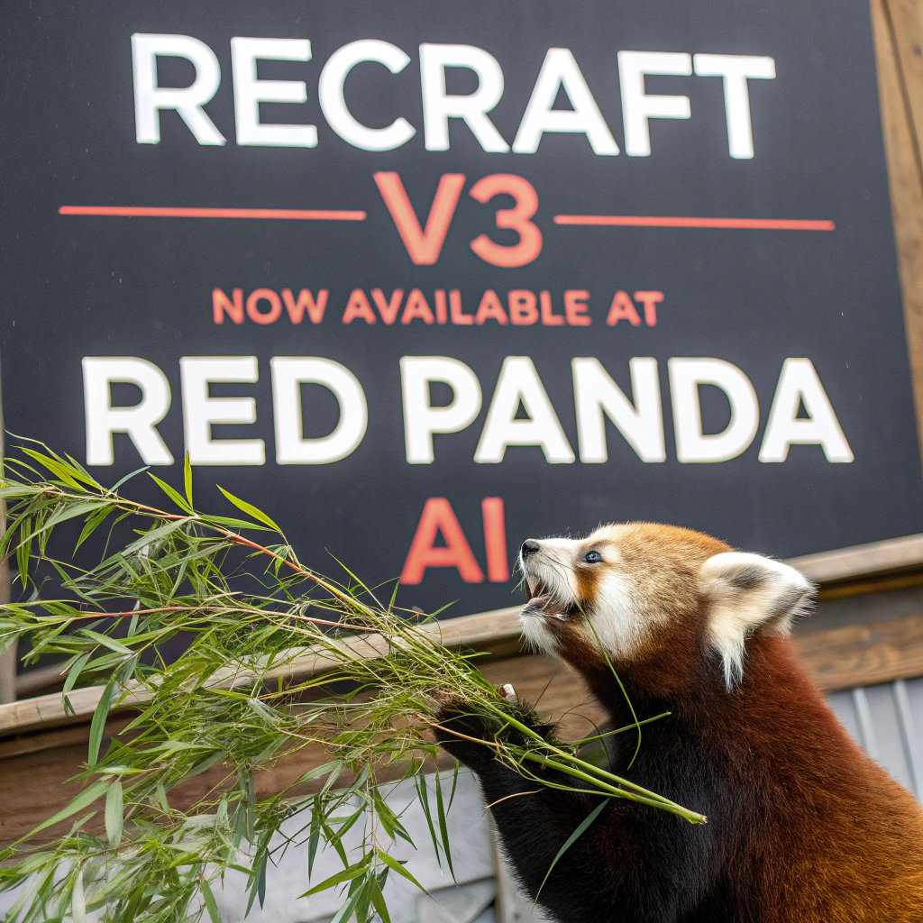 AI generated image by Red Panda AI: a red panda eating a bamboo in front of a poster that says "recraft V3 now available at red panda ai