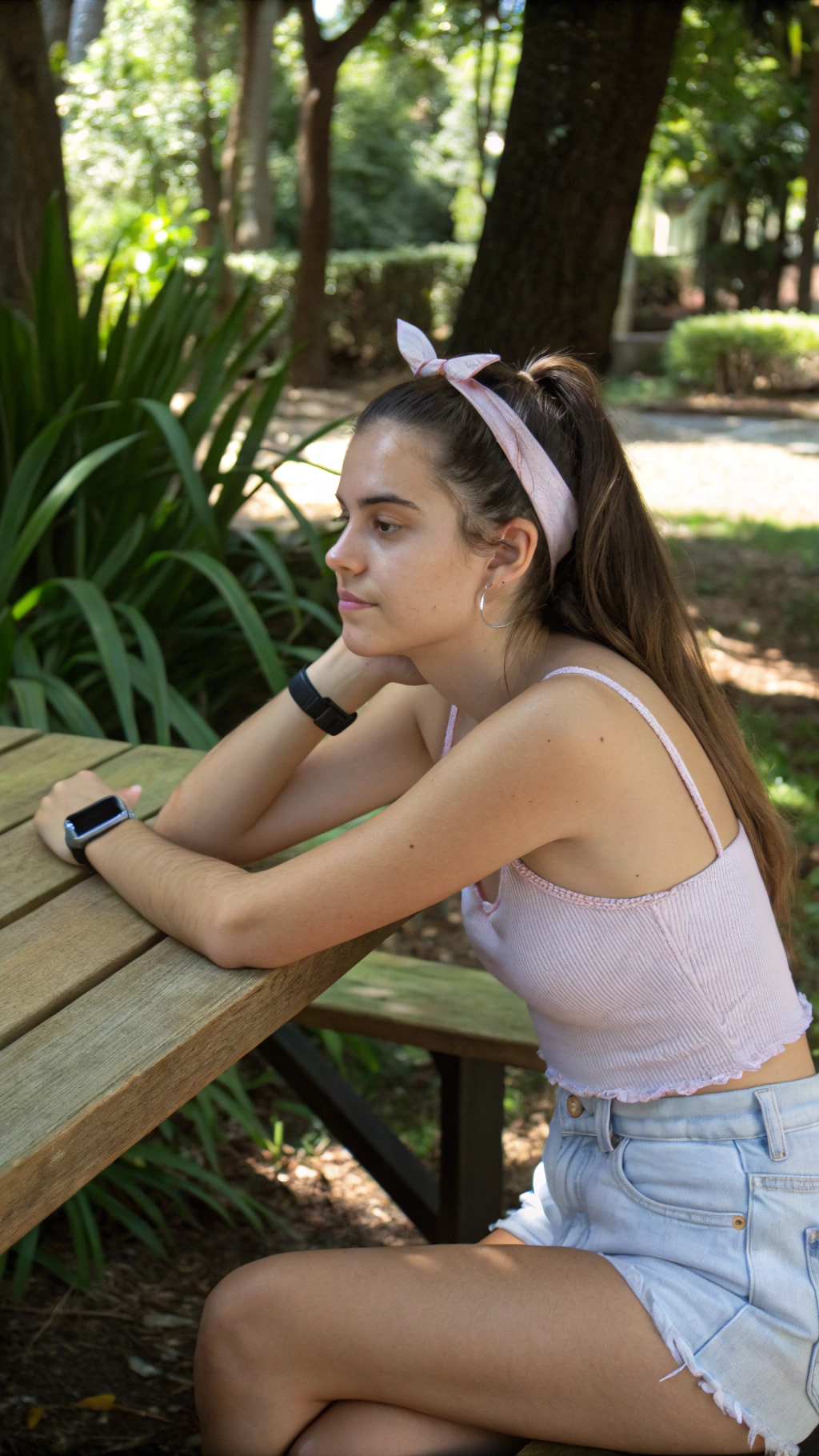 AI generated image by Red Panda AI: A young woman sits outdoors in a natural setting with straight brown hair, wearing a light pink spaghetti-strap top and light denim shorts. She has a black watch on her wrist and a light pink hair scrunchie. She rests her arms on a wooden table, gazing softly at the camera. The background features trees and green plants, creating a serene and shaded ambiance.