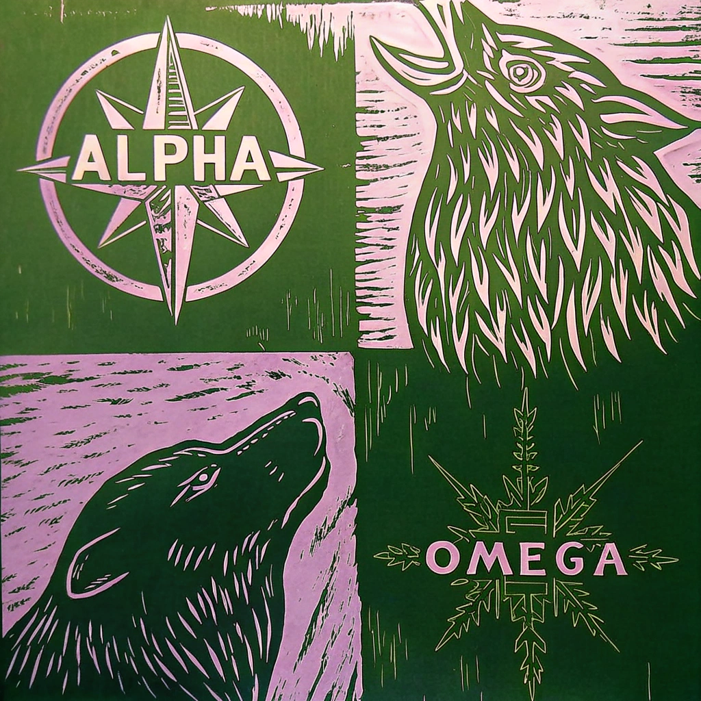 AI generated image by Red Panda AI: Créer une image représentant un armorial sous une forme de boussole diviser en 4 parties, exposant en haut a gauche le symbole alpha en gros, en bas a gauche un loup, en haut a droite un corbeau et en bas a droite le symbole Omega en gros