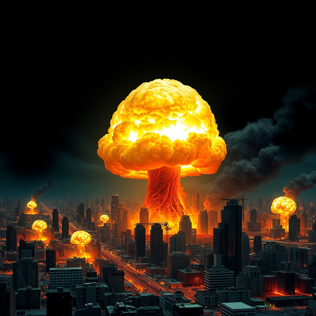 AI generated image by FLUX.1-schnell: varias explosiones nucleares y la ciudad destruyendose, con gente muriendo