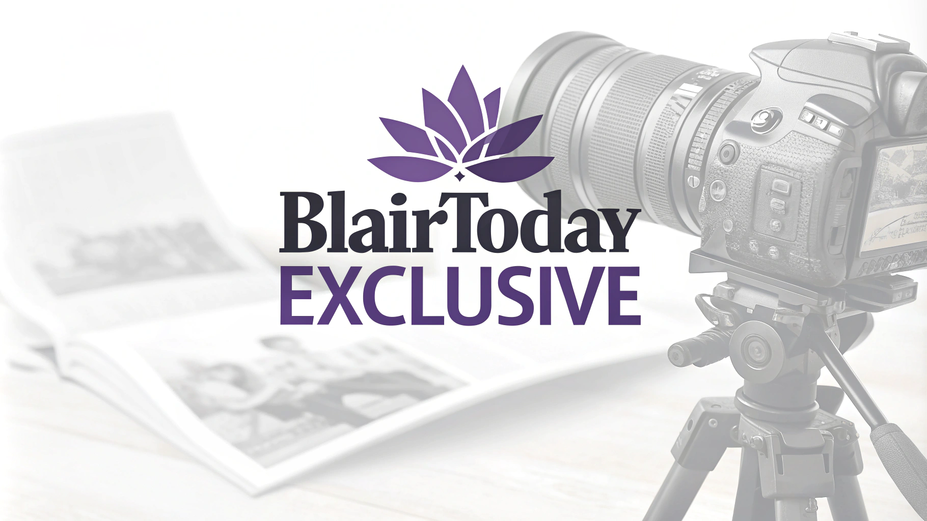 AI generated image by Red Panda AI: "BlairToday EXCLUSIVE" logo for a newspaper.  On White Background.  Clear, strong font.  Purple motif
