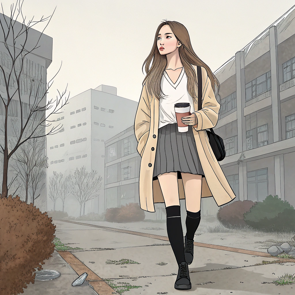 AI generated image by Red Panda AI: A detailed webtoon-style illustration of a pretty girl character named Min Ga-eul with long straight hair, wearing a beige long cardigan, a loose white V-neck T-shirt, a pleated mini skirt, black long boots, and black over-the-knee socks. She is holding a cup of coffee and walking through a dystopian Korean campus