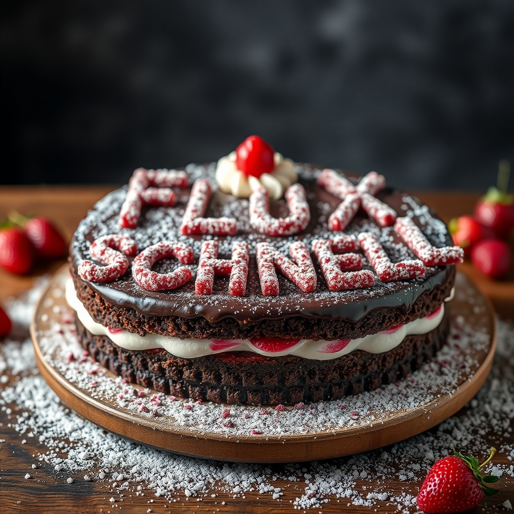AI generated image by FLUX.1-schnell: black forest gateau cake spelling out the words "FLUX SCHNELL", tasty, food photography, dynamic shot