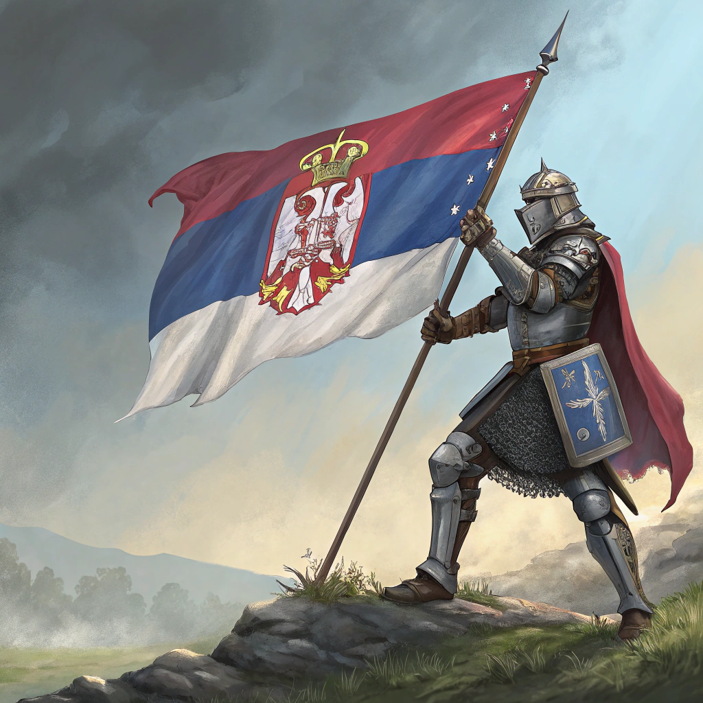 AI generated image by Red Panda AI: Knight with serbian flag with dragon

