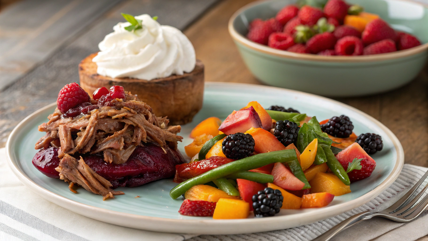 AI generated image by Red Panda AI: Harvest Pulled Pork, cooked Garden Vegetables, and Berry Dessert with whipped cream meal