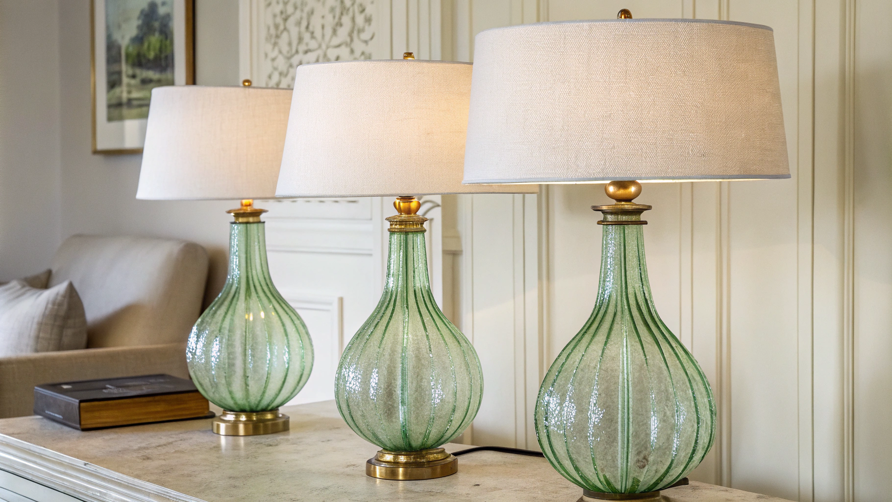 AI generated image by Red Panda AI: photo of a trio of lamps with texture of patterns minimalistic calm green transparent Murano glass on the background of calm interior  