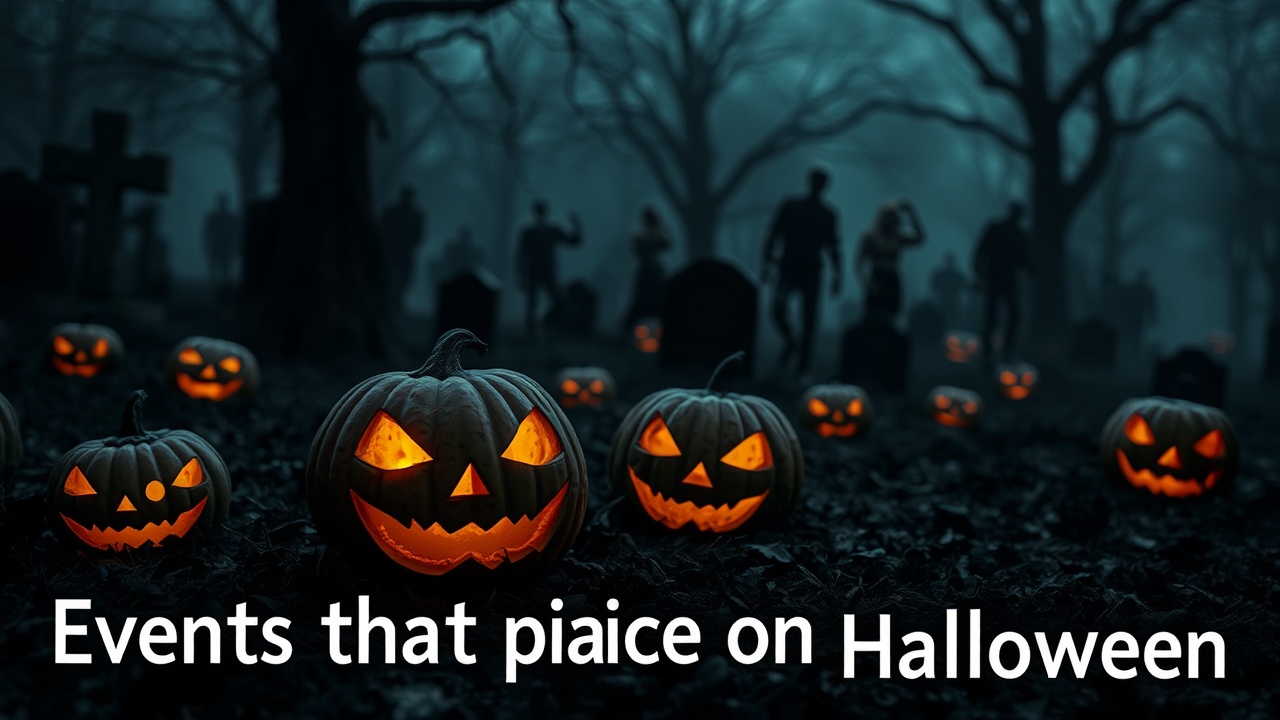 AI generated image by FLUX.1-schnell: Creepy Jack O' Lanterns sitting in a graveyard. Zombies in the distant background walking around. Make it gloomy, misty, dark. Scary. Add the words "Events that took place on Halloween"