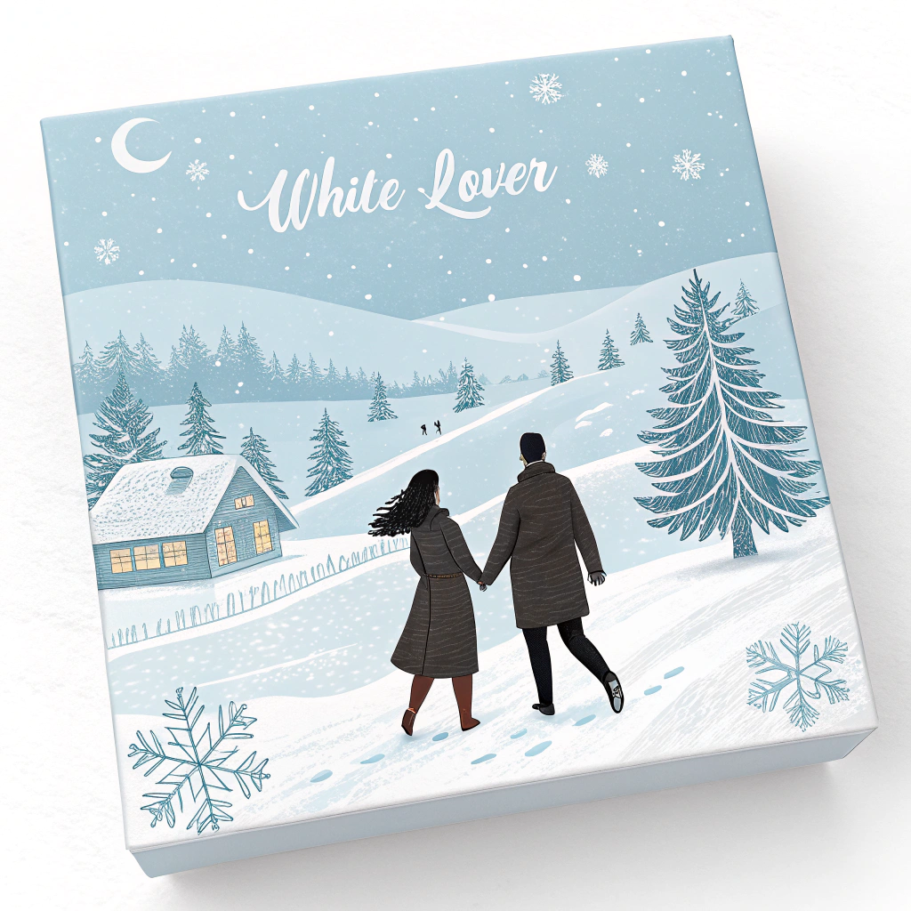AI generated image by Red Panda AI: Design a front cover for a candy box with a “White Lover” theme, capturing the atmosphere of winter and romance. The image should be square-shaped and include elements such as snowflakes, a cozy couple scene (e.g., holding hands or sitting together), and a winter landscape (e.g., snowy fields, pine trees, or a cozy cabin). The color palette should focus on white and light blue tones to convey a sense of romance and purity.
