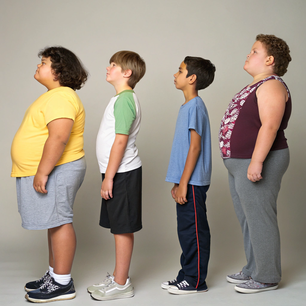 AI generated image by Red Panda AI: imagen de un niño con sobrepeso, otro niño con obesidad, otro niño con peso adecuado y otro flaco

