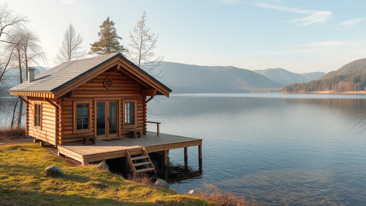 AI generated image by FLUX.1-schnell: ein Holzhaus an einem großen See mit einer Terrasse, die direkt aufs Wasser hinausgeht. Sonnige Stimmung. Bäume im Hintergrund (Wald) und Berge
