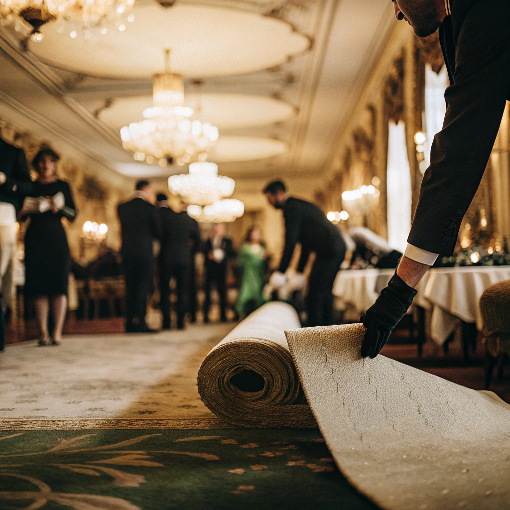 AI generated image by Red Panda AI: Generate me a carpet underlay wrapped in a roll. This is to be rolled out during installation by the fitter on the vessel. In the background of the ship there is to be a banqueting hall with beautifully dressed guests with a shamrock in their glasses. The image is meant to sybolise luxury and wealth.  

