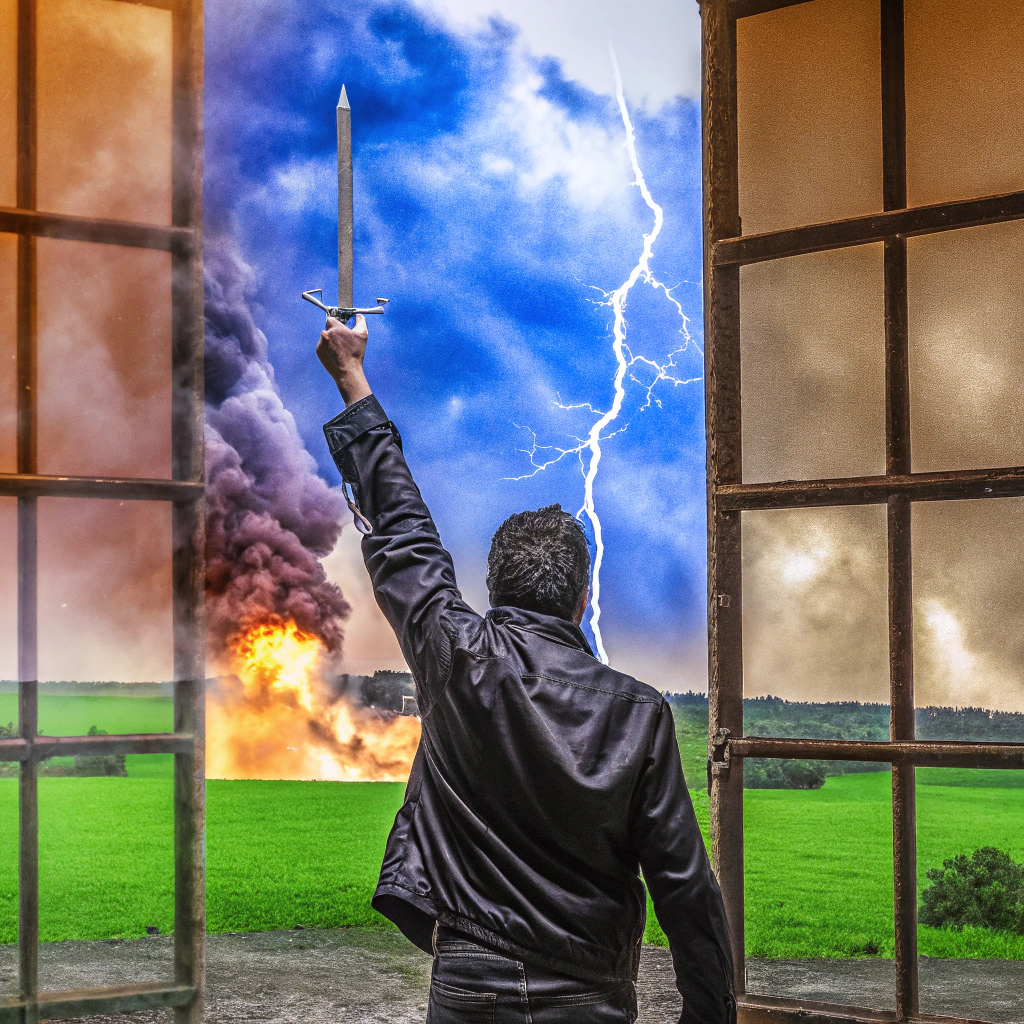 AI generated image by Red Panda AI: Dame una imagen que presente a un adulto con ropa oscura mirando al frente con una espada en la mano en señal de victoria, como simulando que acaba de terminar una batalla y se siente poderoso, fuerte, valiente y emocionado. Frente a él se aprecia un ambiente lleno de truenos, oscuro, con fuego, con humo y él mirando ese paisaje de frente él mirándose de espaldas a la toma. 