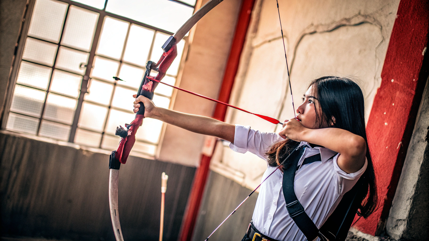 AI generated image by Red Panda AI: FYI: An 18-year-old Thai girl with medium-sized, long, slender chest. The archer is drawing a bow, focusing on the target. She has neatly styled long brown hair and wears a Thai university student uniform. She is a beautiful actress. Her left arm, which is extended forward, is protected by a black arm guard. She holds a modern red and white recurve bow, while her right hand pulls back the bowstring, showing her graceful and disciplined figure.