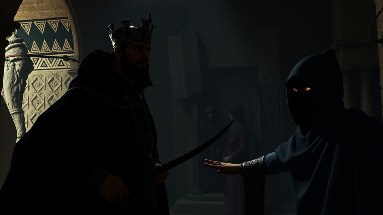 AI generated image by FLUX.1-schnell: In the dimly lit room, Sultan Nur ad-Din Zangi stands tall, his expression fierce and commanding. His voice echoes through the stone walls, sharp and authoritative. The two mysterious figures before him are cloaked in shadows, their faces hidden, yet their eyes glint with an unsettling secret. The air is thick with tension as the Sultan’s gaze pierces through the darkness, demanding the truth. His hand grips the hilt of his sword, ready for whatever may come. The room feels charged with an ancient, unspoken power, as the Sultan's voice breaks the silence—demanding answers, yet the figures remain motionless, their faces unreadable.
