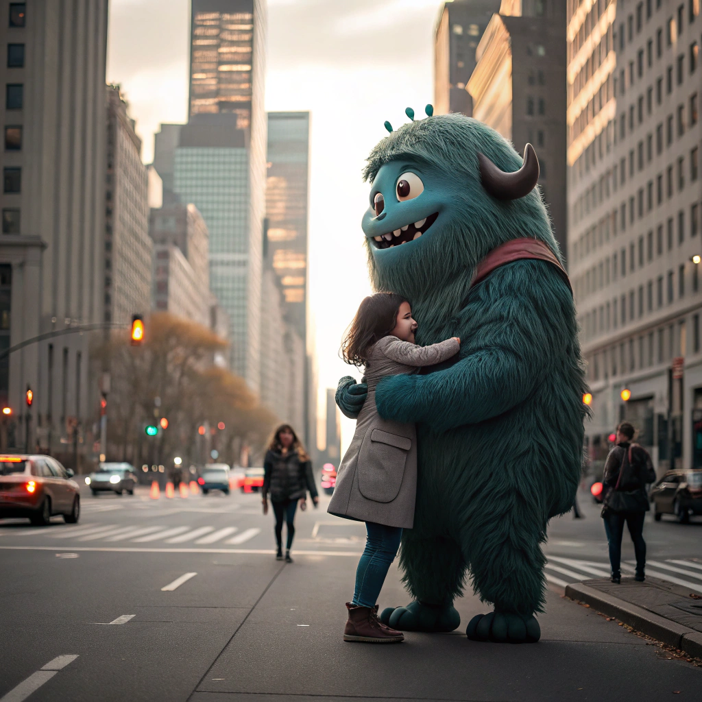 AI generated image by Red Panda AI: Um monstro segurando uma criança no colo no meio de uma cidade 