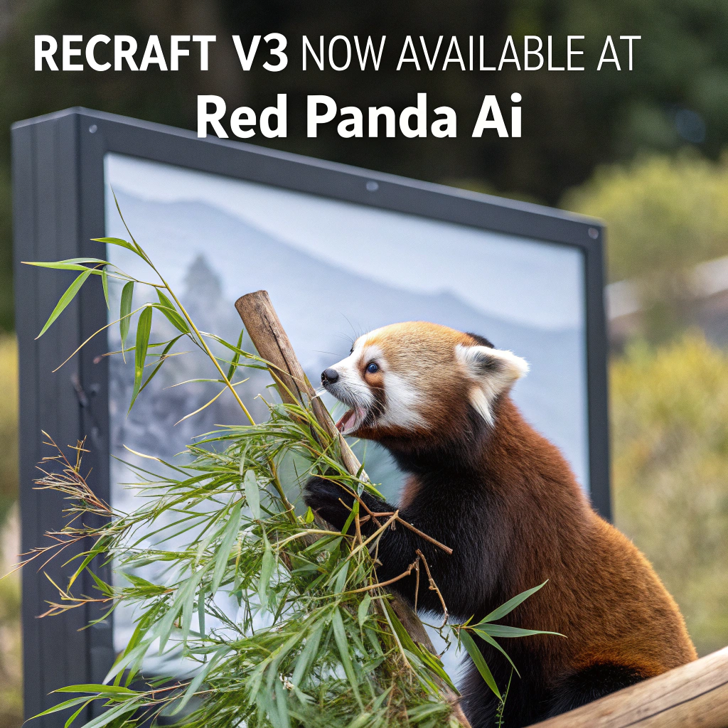 AI generated image by FLUX.1-schnell: a red panda eating a bamboo in front of a poster that says "recraft V3 now available at red panda ai