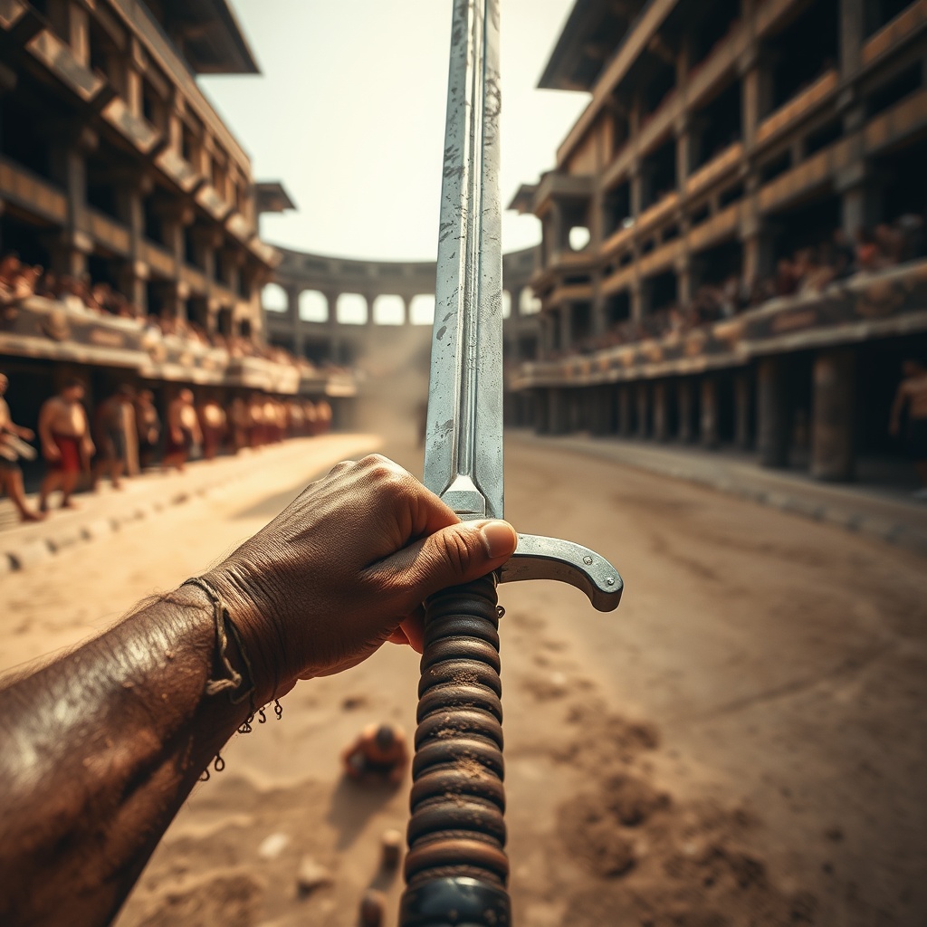 AI generated image by FLUX.1-schnell: 
"Ultra-realistic, 8K, cinematic first-person perspective during a gladiator battle in a Roman arena. The view is through the character’s own eyes, with strong, weathered hands gripping a sword tightly. Bare feet are visible on the sandy ground, with dust and dirt kicking up around them. The angle must strictly remain in first-person, avoiding any third-person or wide-angle shots. The intensity of the scene is captured with the sword in motion, blurred crowds in the background, and the harsh natural sunlight casting sharp shadows. HDR lighting highlights every gritty detail, delivering a truly immersive and dynamic perspective."



