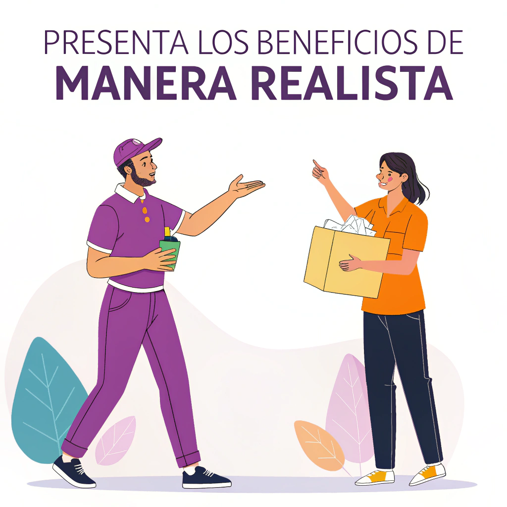 AI generated image by Red Panda AI: A minimalist vector-style illustration designed for a presentation slide with a white background. The image features an Omnilife distributor wearing a vibrant purple polo shirt, confidently standing and holding a product in one hand while gesturing with the other to explain its benefits to a client. The client is wearing casual clothing in bright, lively colors and is attentively listening. The scene emphasizes a professional and trustworthy interaction, with clean lines and bold, vivid colors. The design focuses on the theme 'Presenta los Beneficios de Manera Realista