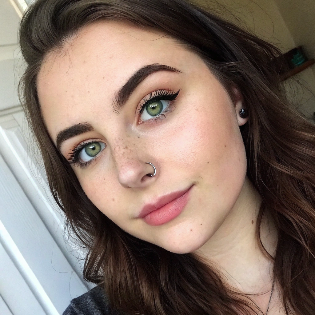 AI generated image by Red Panda AI: Young 22 years old caucasian woman, green eyes, rounded eye shape, cute gaze, full lips, diamond faceshape, little nose, curved round eyebrows shape