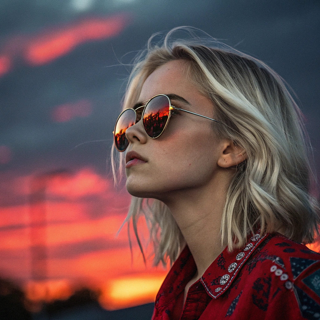 AI generated image by Red Panda AI: Image photoréaliste d'une jeune femme élégante avec des cheveux blonds platine, légèrement ondulés, qui tombent librement autour de son visage. Elle porte des lunettes de soleil aviateur avec des verres réfléchissants, dans lesquels on distingue une scène de coucher de soleil flamboyant aux teintes rouge et orange. Son expression est sérieuse et confiante, regardant vers la gauche, créant une ambiance à la fois mystérieuse et puissante.

Elle est vêtue d'une chemise rouge à motifs, qui ajoute une touche de couleur vive contrastante avec le fond sombre et flou. La lumière douce met en valeur ses traits et donne à l'image un style dramatique, tout en accentuant les reflets dans ses lunettes et les détails de ses cheveux. L'ensemble dégage une atmosphère sophistiquée et intrigante, avec une forte accentuation sur le contraste entre les éléments lumineux et sombres.
