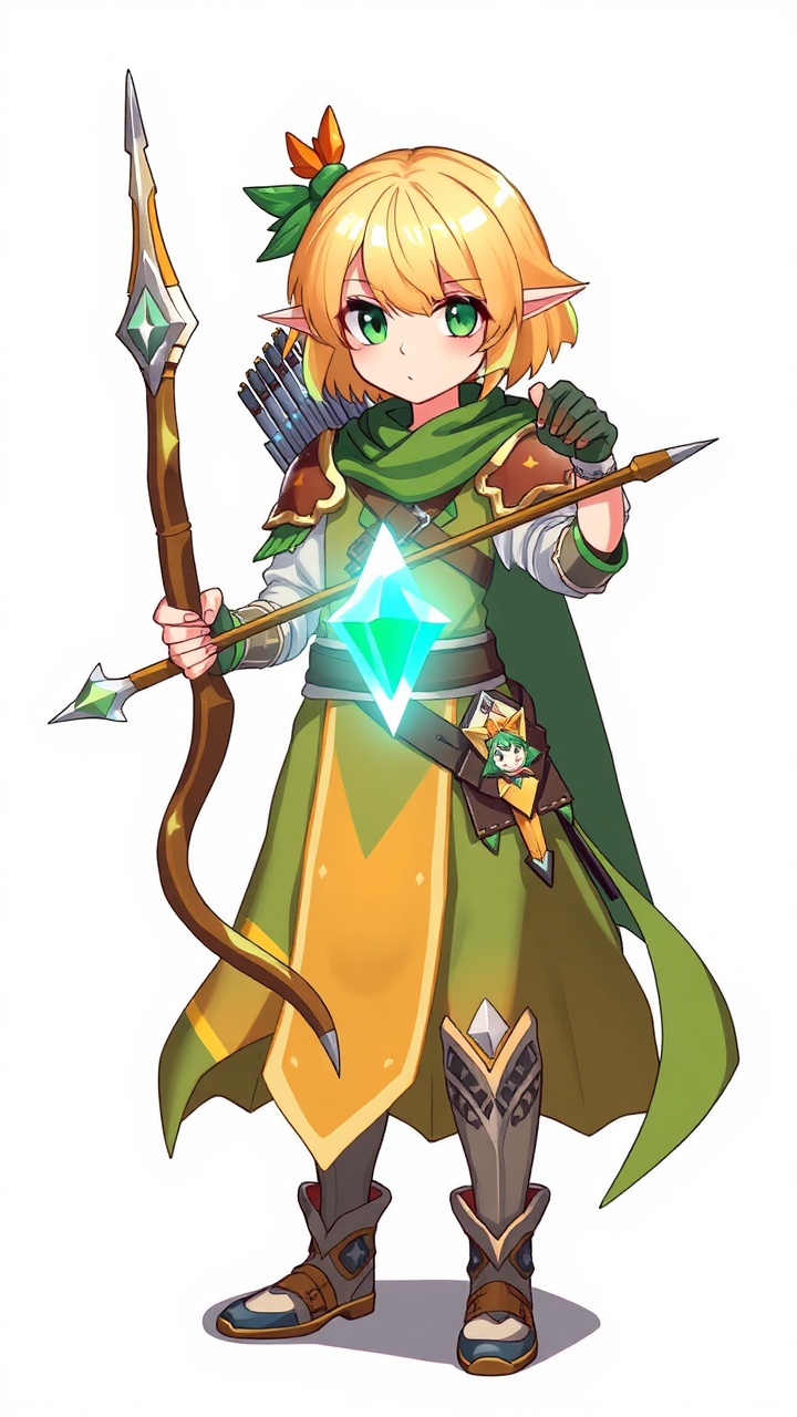 AI generated image by FLUX.1-schnell: world flipper art style, 1 girl archer short yellow hair with green eyes fantacy cloth with armor, standing,a crystal in the middle of the bow, 