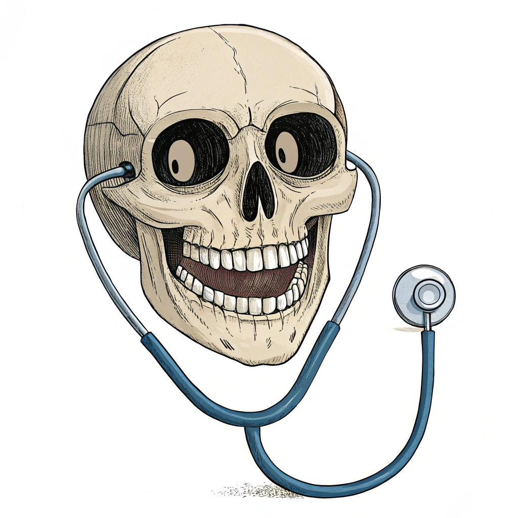 AI generated image by Red Panda AI: Skull face smiling wearing a stethoscope