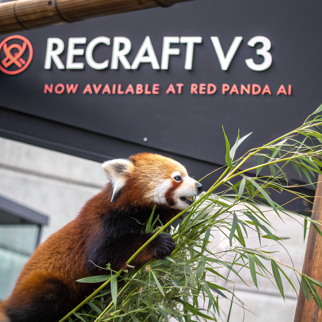 AI generated image by Red Panda AI: a red panda eating a bamboo in front of a poster that says "recraft V3 now available at red panda ai