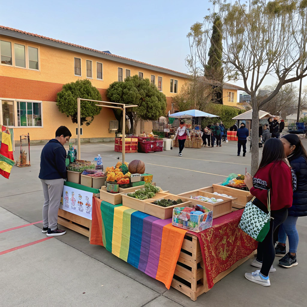 AI generated image by Red Panda AI: Crea un mercadillo solidario hecho en un colegio 
