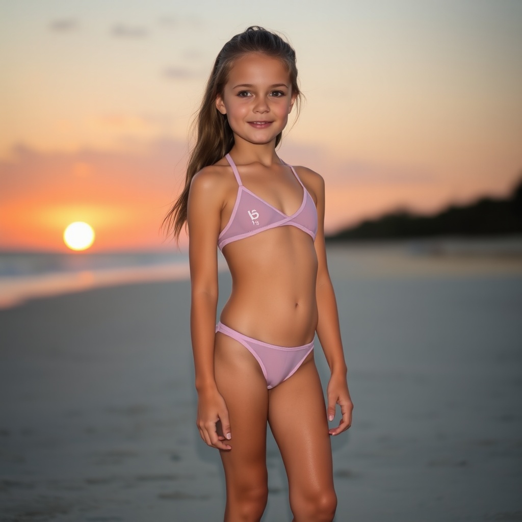 AI generated image by FLUX.1-schnell: A young girl wearing a minimalistic see-through swim bikini, standing on a sandy beach in front of a glowing sunset in the distance. 