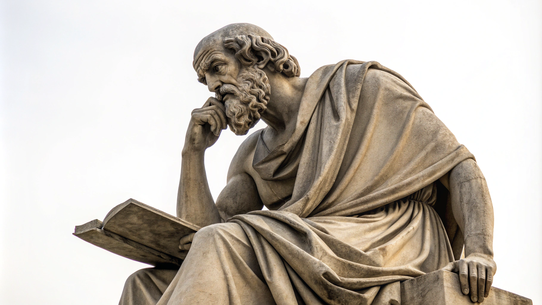 AI generated image by Red Panda AI: "Create a full-body statue-like portrait of a stoic philosopher in the style of ancient Greek or Roman sculptures. The philosopher should appear wise and contemplative, with a dignified expression. The image should have the appearance of a marble or bronze statue, with realistic texture and shading that resembles classical antiquity. The figure should be posed in a thoughtful stance, perhaps with one hand raised or resting on a book, embodying calm and strength. The background should be minimal or plain, focusing entirely on the figure. The composition should allow for camera movements in post-production, ensuring the figure is visible in full, from head to toe."

