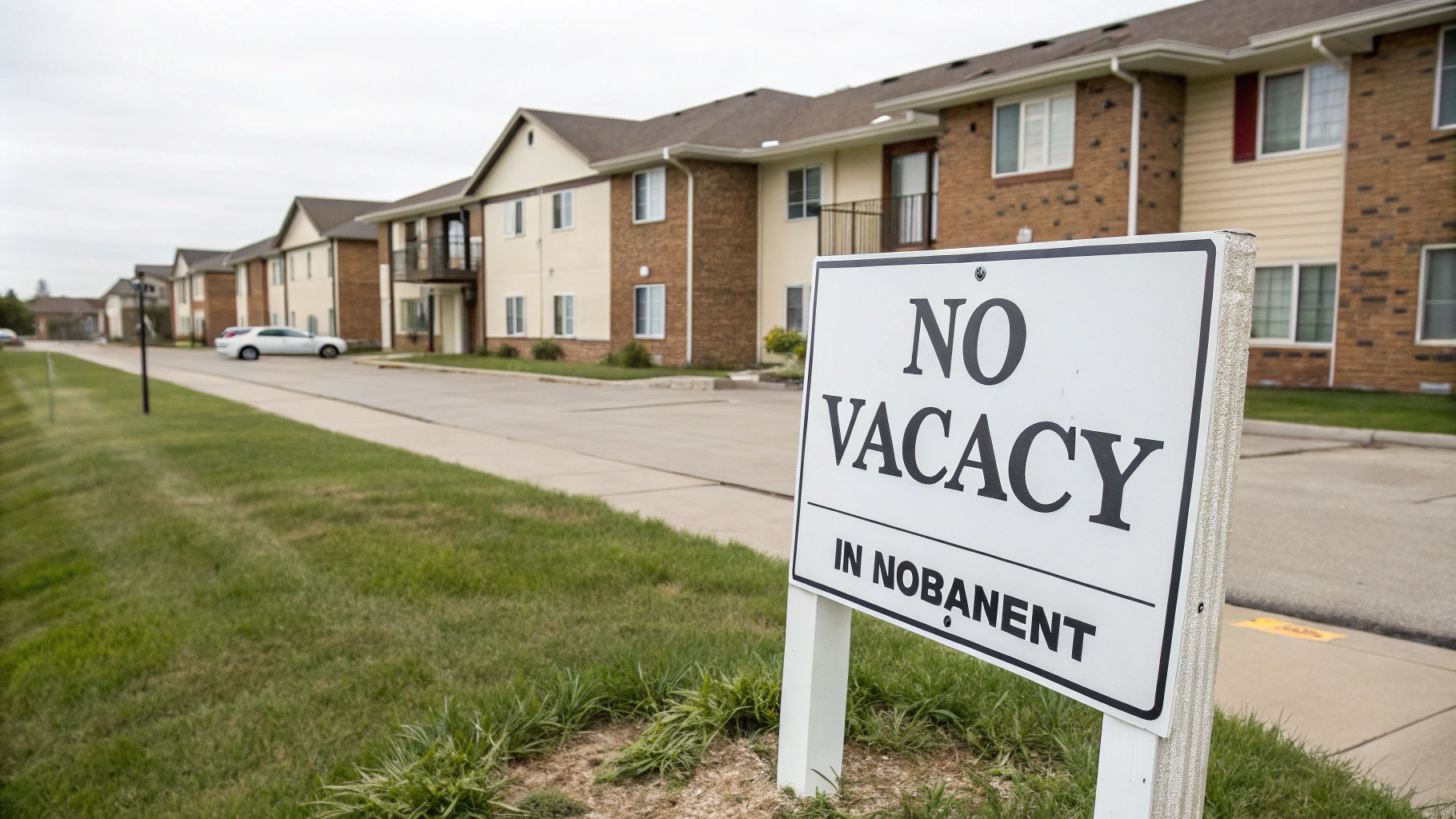 AI generated image by Red Panda AI: "No Vacancy in Blair, Nebraska" sign in front of apartment complex