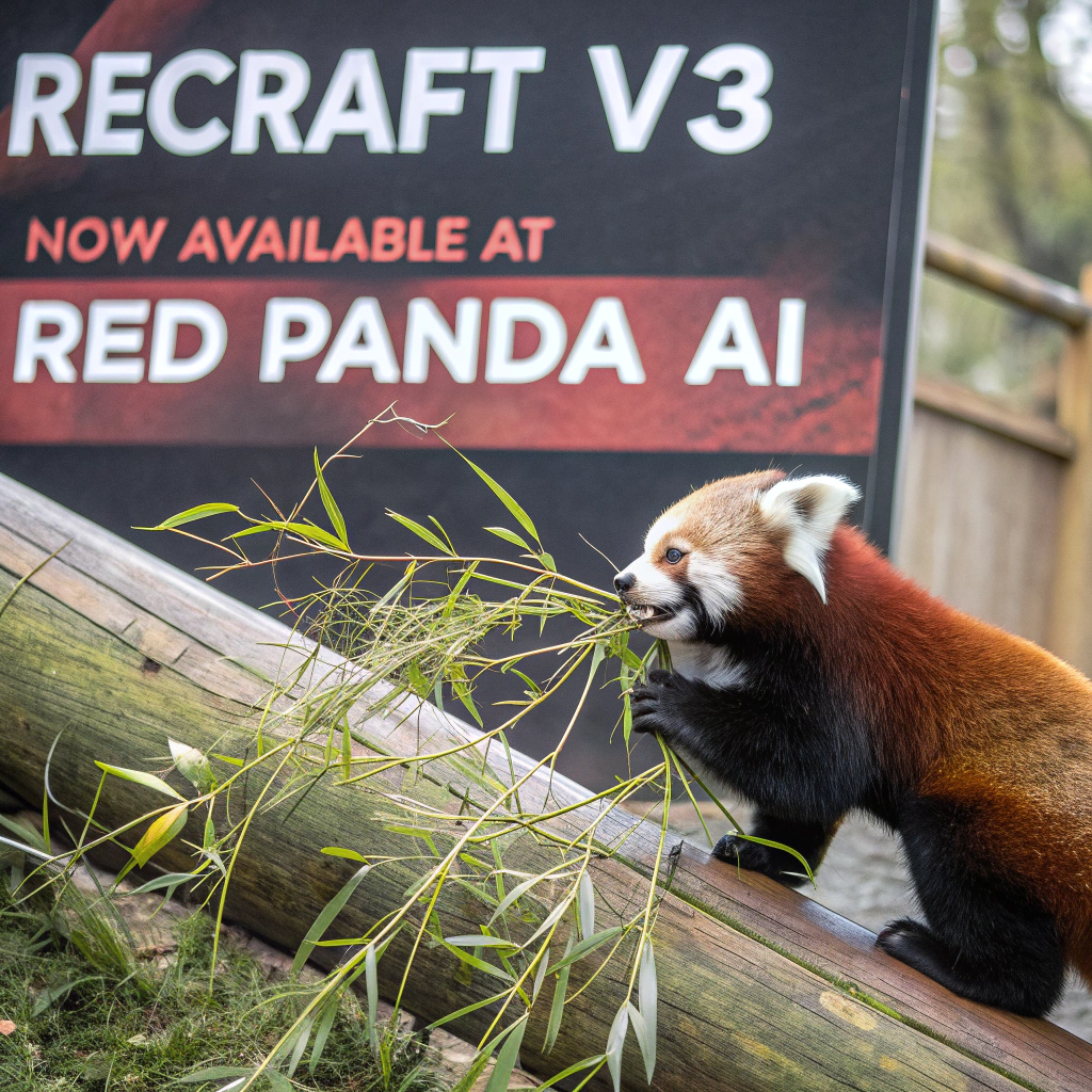 AI generated image by Red Panda AI: a red panda eating a bamboo in front of a poster that says "recraft V3 now available at red panda ai