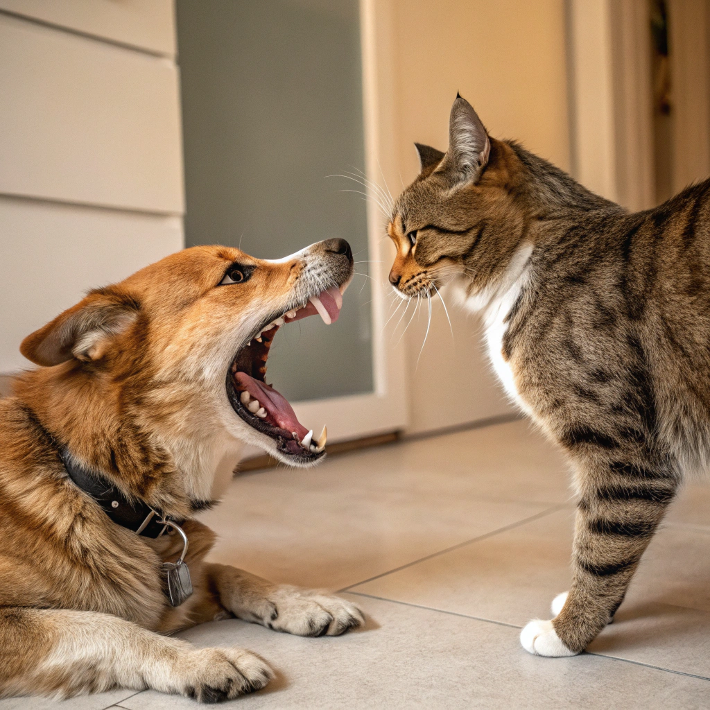 AI generated image by Red Panda AI: Dogo and cat fighting angry